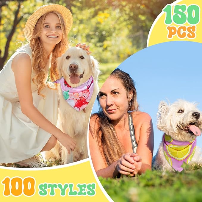 150 Pcs Spring Dog Bandanas Bulk Pet Bibs Colorful Triangle Scarf Pet Bandanas for Medium Large Dogs Spring Summer Birthday Costume Decoration