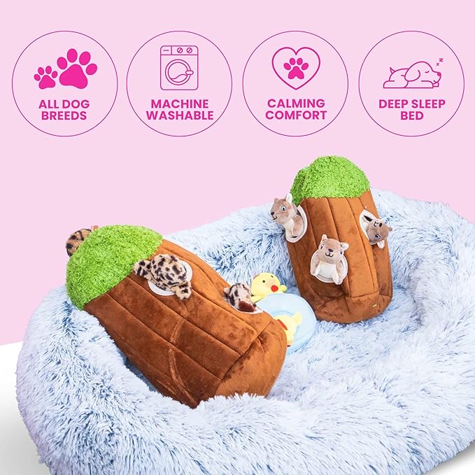 Glow Pups Calming Dog Bed, Memory Foam Bolster, Luxurious Faux Fur, Cozy Oval Design, Machine Washable Cover, Light Grey (41.3 x 29.5 x 9.8)