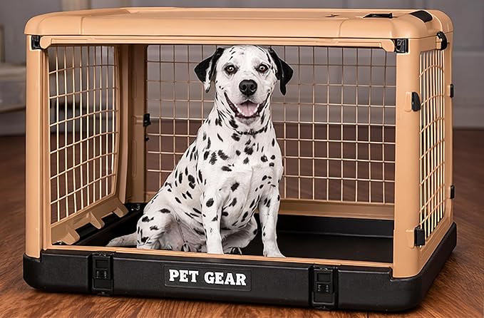 Pet Gear “The Other Door” 4 Door Steel Crate for Dogs/Cats with Garage-Style Door, Includes Plush Bed + Travel Bag, No Tools Required, Sand Dune, 42 Inch