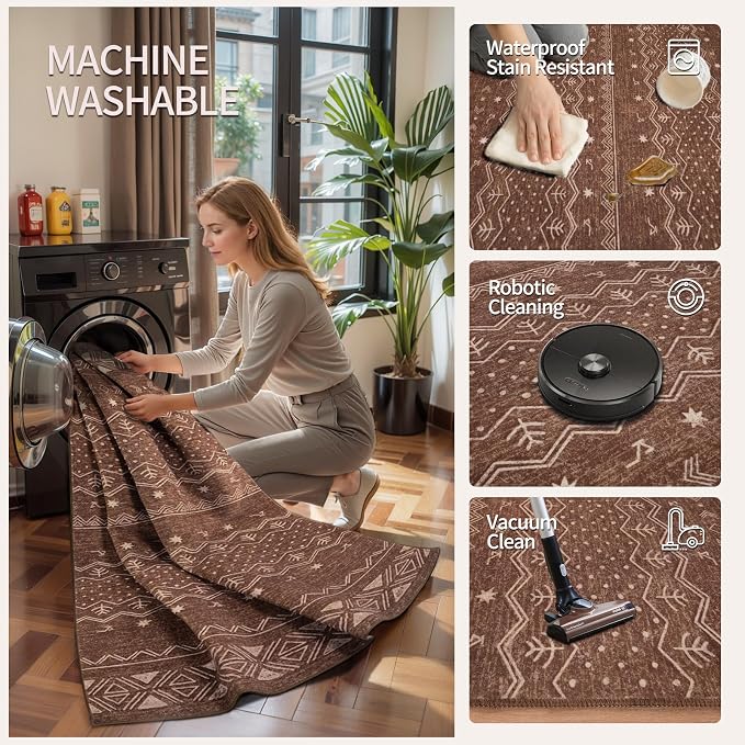 SERISSA 2x5 Kitchen Runner Rug, Washable Non-Slip Coffee Brown Boho Rug