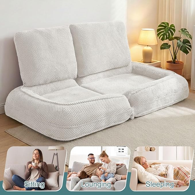 Human Dog Bed for Adults & Pets, 5-Position Adjustable Floor Chair, Convertible Lazy Sofa Bed with Metal Frame & 2 Pillows, Plush Gaming Lounge for Living Room Bedroom Office (White)