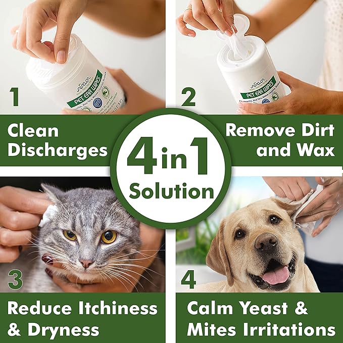 Arava Ear Cleaner Wipes for Dogs Cats Puppies Kittens - 100 Count - Natural Medicated Cleansing Deodorizer - Removes Dirt Wax - Pet Wipes for Cat Ear Cleaning, Dog Ear Cleaner
