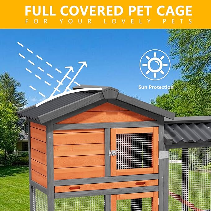 Chicken Run Coop, Wooden Duck Coop Outdoor 2-Tier Hen House All Weather Used Poultry Quail Cage Rabbit Hutch Pet Hideout with Ramp for Small Medium Animals-Expandable Design (Brown)