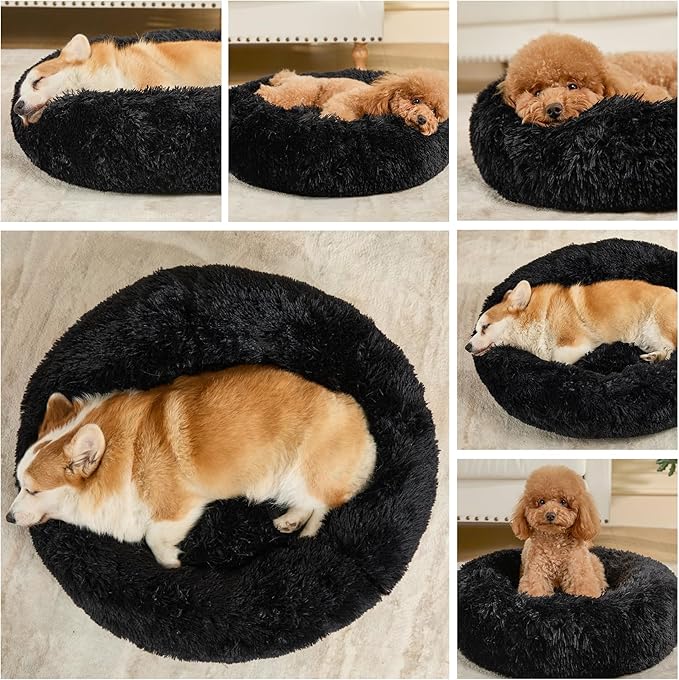 Dog Calming Beds for Small Medium Large Dogs - Round Donut Washable Puppy Dog Bed, Anti-Slip Faux Fur Fluffy Donut Cuddle Anxiety Cat Pet Bed(16'' Black)