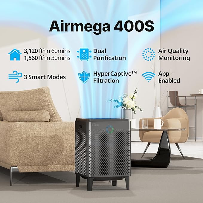 COWAY Air Purifier for Large Room Whole Home Up to 3,120ft², HEPA Filter for Smoke, Allergies, Pet Dander, Odor, App-Enabled, AQI, Smart Mode, Timer, 5yr Warranty, Airmega 400S Graphite