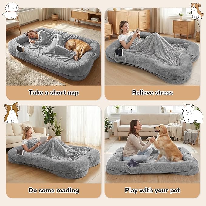 Human Dog Bed, 71 x 47 x 12 in Washable Extra Large Dog Bed for People, Giant DogBed with Storage Pockets, Silver