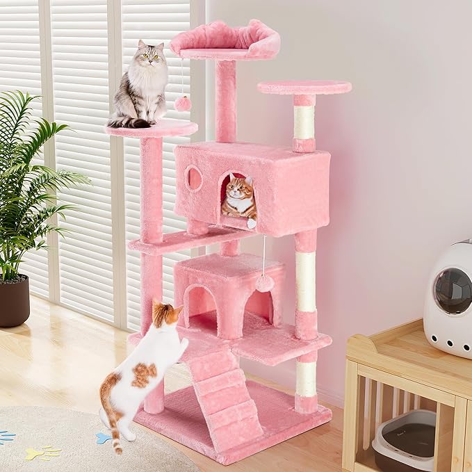 54 Inches Cat Tree Tower Condo, Cat Tower for Indoor Cats, Multi-Level Furniture Activity Center with Wide Base, Cozy Plush Cat Perches, Detachable Toy, Pink
