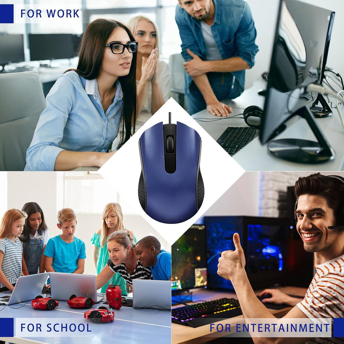 Bonuci 30 Pack Computer USB Wired Mouse Bulk 3 Button 800/1200 DPI Blue