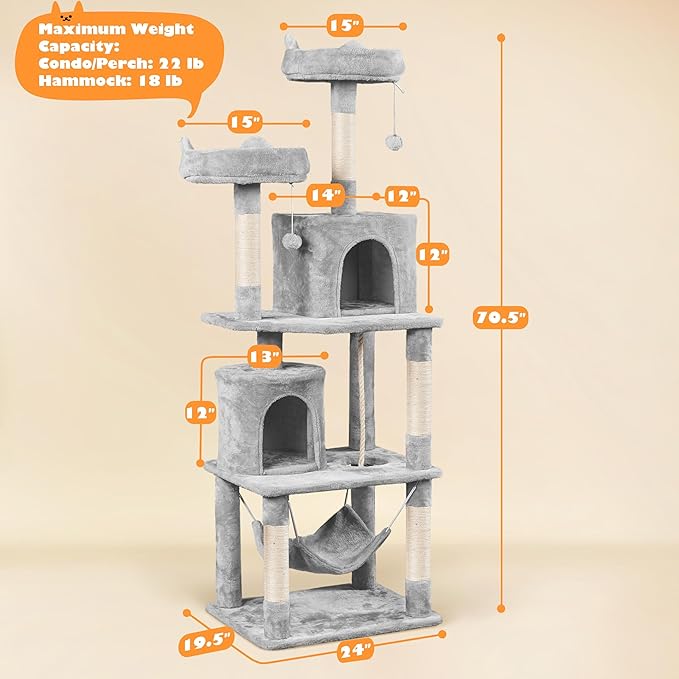 Topeakmart Cat Tower for Indoor Cats, Cat Activity Center with Condo Scratching Post Perch, Tall Cat Tree for Large Cats, 70.5in