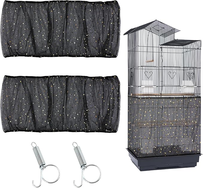 JULMELON 2Pcs Adjustable Bird Cage Seed Catcher(Black) Birdcage Nylon Mesh Cover Twinkle Star Universal Birdcage Cover for Parakeet Round Square Cage with Spring Hook