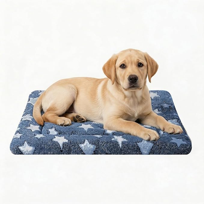 Dog Bed Mat - Reversible Dog Crate Bed Mats, Soft & Breathable Kennel Pad, Durable Crate Bed for Small Dogs & Cats (Navy&Stars, L(35"*23"*1.2"))