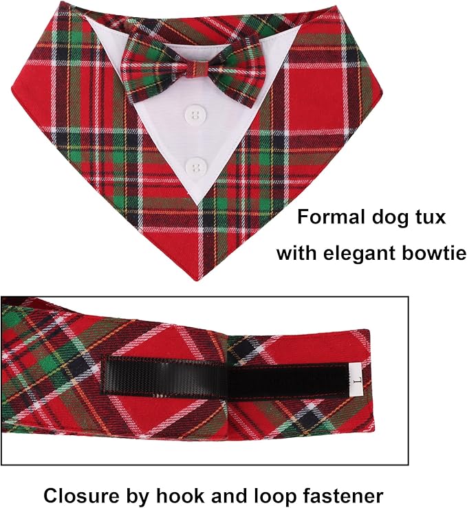 ADOGGYGO Christmas Dog Tuxedo Bandana, Red Green Plaid Pet Xmas Collar with Bow, Adjustable Christmas Costume for Extra Small Dogs (XS)