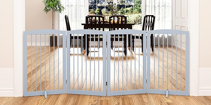 Freestanding Pet Gate for Dogs, Indoor Wooden Dog Gate for House, Foldable Dog Gate for Doorway, Stair, Gates for Dogs Indoor, 80 Inch Wide, 4 Panels 32", Grey