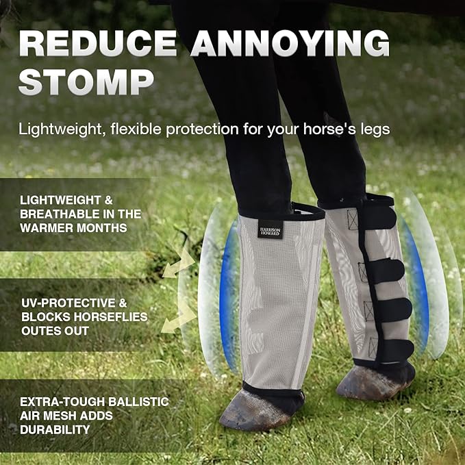 Harrison Howard Loose Fitting Fly Boots UV-Protective Extra Tough Mesh Ventilated Four Fasteners Stay-on Design Protect Horse Legs & Stomp-Reducing Set of 4 Silver Grey Medium
