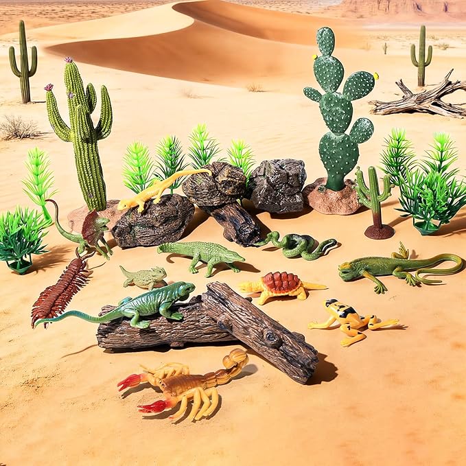 32Pcs Desert Reptiles Animals Figures Toys School Projects Diorama Kit Lizard Snake Cactus Plants Rock Playset for Kids Toddlers Cake Toppers Birthday Party Favor Decorations