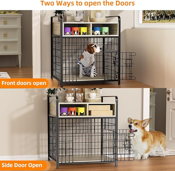 Small Dog Crate Furniture with Drawers Storage, Puppy Dog Kennel Indoor with Double Doors, Heavy Duty Wooden Dog Cage Table, Sturdy Metal, Gray