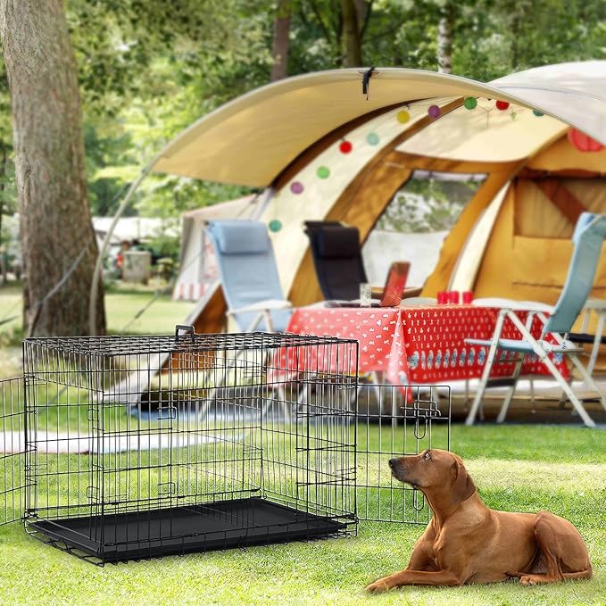 Large Dog Crate 42 Inches Double Door Pet Crate Folding Metal Wire Dog Cage with Divider Panel Leak-Proof Plastic Pan Indoor Outdoor Pet Crates for Medium and Large Breed Pet Animals Black