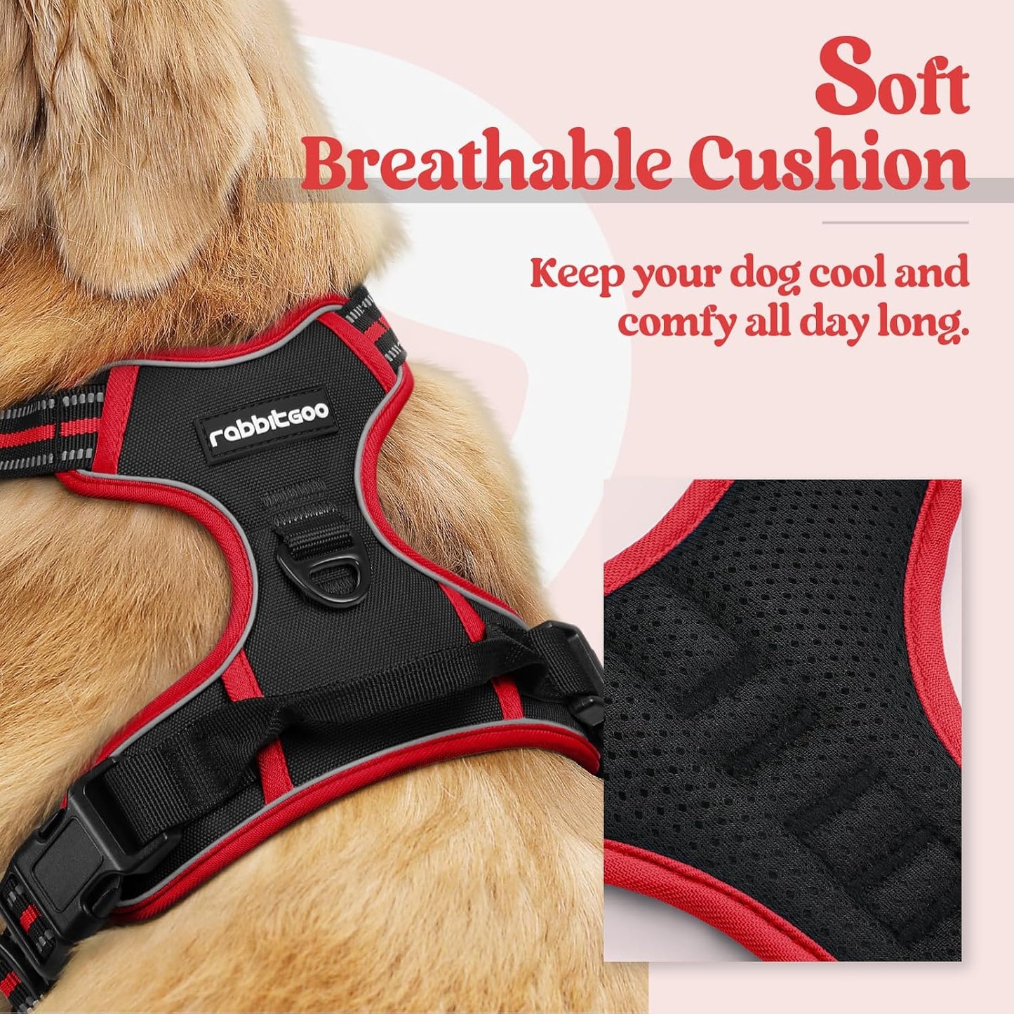rabbitgoo Dog Harness No Pull with 2 Leash Clips, Adjustable Soft Padded, Reflective Oxford No Choke Pet Vest with Easy Control Handle for Small Dogs, Black & Red, S