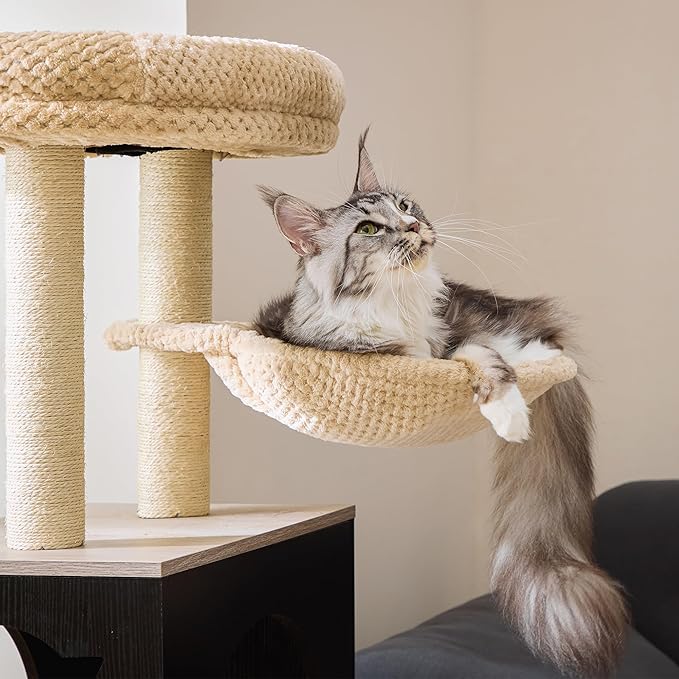 IRONCK Litter Box Enclosure with Cat Tree, 46" Hidden Litter Box with Sisal Scratching Ladder and Storage, Modular Wooden Litter Box Furniture with Condo and Platform, All-in-one Cat Tower, Greige