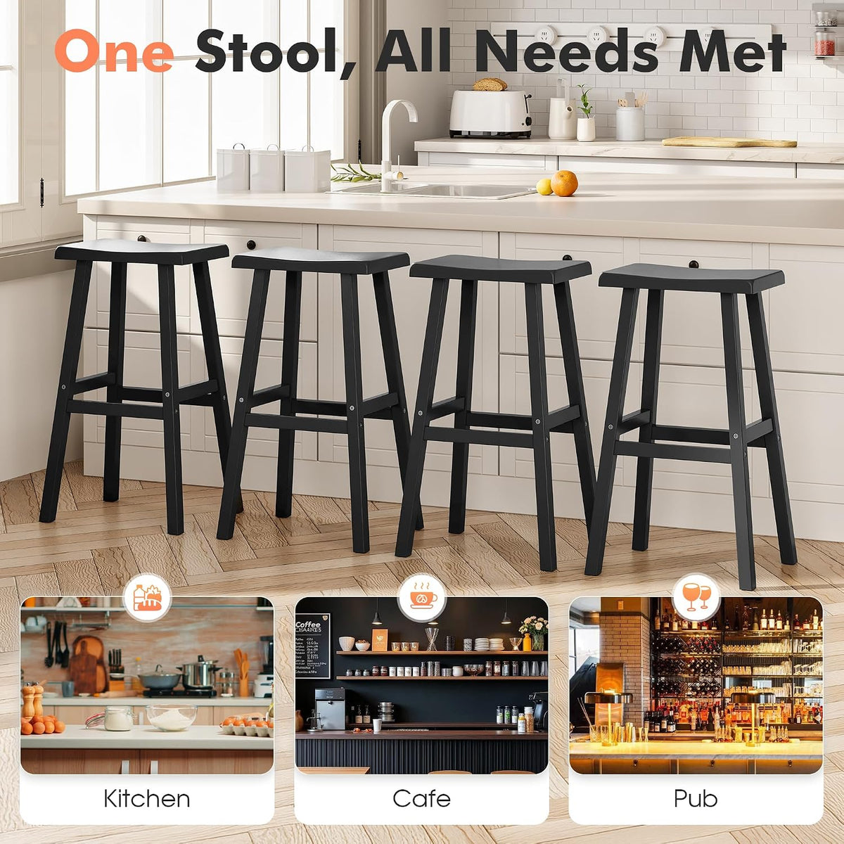KAMABOKO 2 Set 29" HDPE Bar Stools Set Outdoor, Durable Resin Bar Chairs with Footrest, Weatherproof & Ergonomic Barstools for Patio, Deck & Poolside, Black