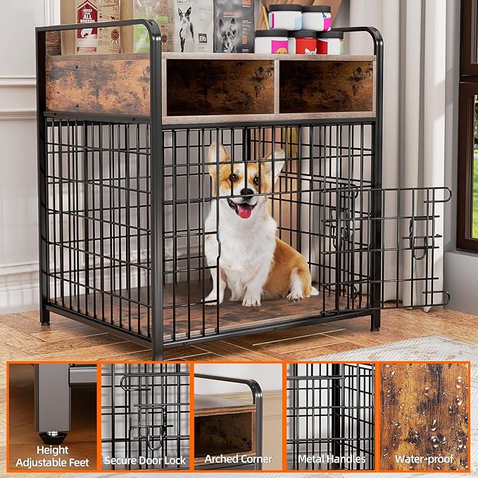 Small Dog Crate Furniture with Drawers Storage, Puppy Dog Kennel Indoor with Double Doors, Heavy Duty Wooden Dog Cage Table, Sturdy Metal, Rustic Brown