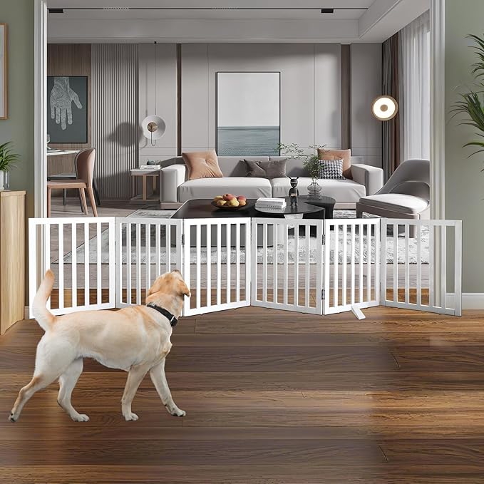 ZJSF Freestanding Indoor Dog Gate for House Foldable Wood White Puppy Gate for Doorways Pet Gate for Stairs Extra Wide Pet Fence 24" Height 6 Panels