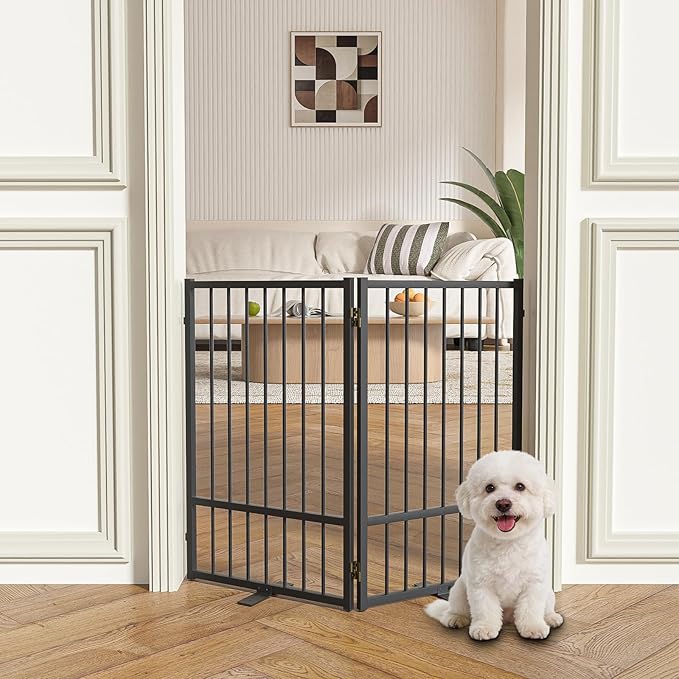 Full Metal Freestanding Dog Gate with Door, 32''Height Foldable Pet Dog Fence for Indoor & Outdoor, 2 Panels Extra Wide Free Standing TallDog Gates for Doorways,House,Stairs,Porch,Deck,Yard