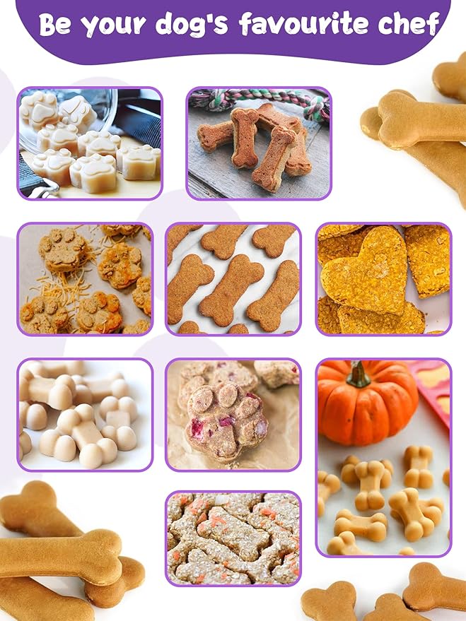 123 Pcs Homemade Dog Treat Molds & Cutters, Including 2 Silicone Dog Molds, 5+12 Cookie Cutters, 4 Recipe Cards, 50 Treat Bags & 50 Gold Twist Ties