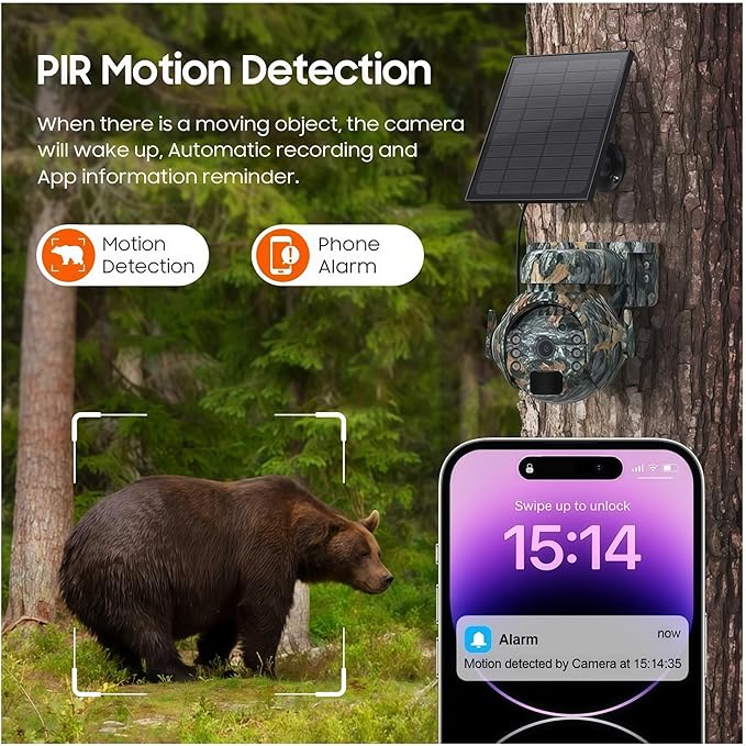 5MP Solar Cameras WiFi Wireless Outdoor 360° View Pet Monitoring Camouflage Color Solar Battery PTZ Camera(WiFi Camera add 32GB)