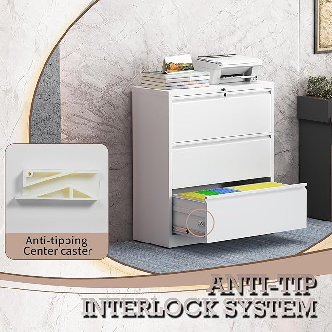 3 Drawer Lateral File Cabinet with Lock, Metal File Cabinet, Lateral File Cabinets for Home Office, Heavy Duty File Storage Cabinet for Legal/Letter/A4 Document, Assembly Required, White