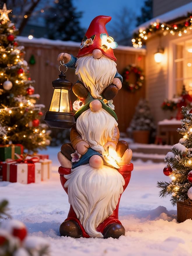 17 in Large Garden Gnome Statue with Solar Lights Sculptures Funny Triple Big Gnome Outdoor Patio Lawn Yard Balcony Garden Home Decor Gifts for Women Mom