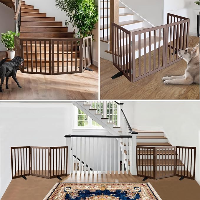 ZJSF Freestanding Indoor Dog Gate for House Foldable Wood Puppy Gate for Doorways Pet Gate for Stairs Extra Wide Pet Fence, Brown, 32" Height 4 Panels