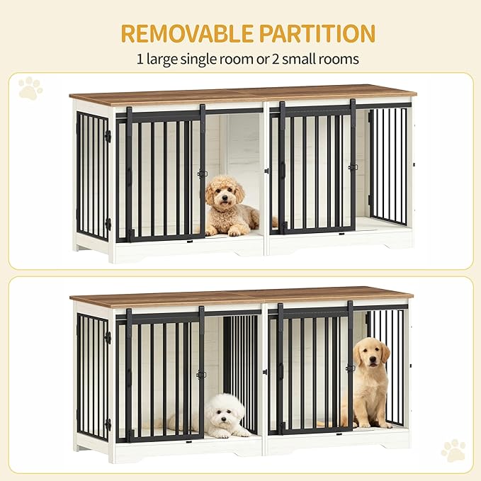 54" Dog Crate Furniture for 2 Dogs, Double Dog Cage with Divider, Wooden Heavy Duty Dogs Kennel, Pet Cage with Barn Door, TV Stand for Large Small Medium Pet, White Brown DFC88314B