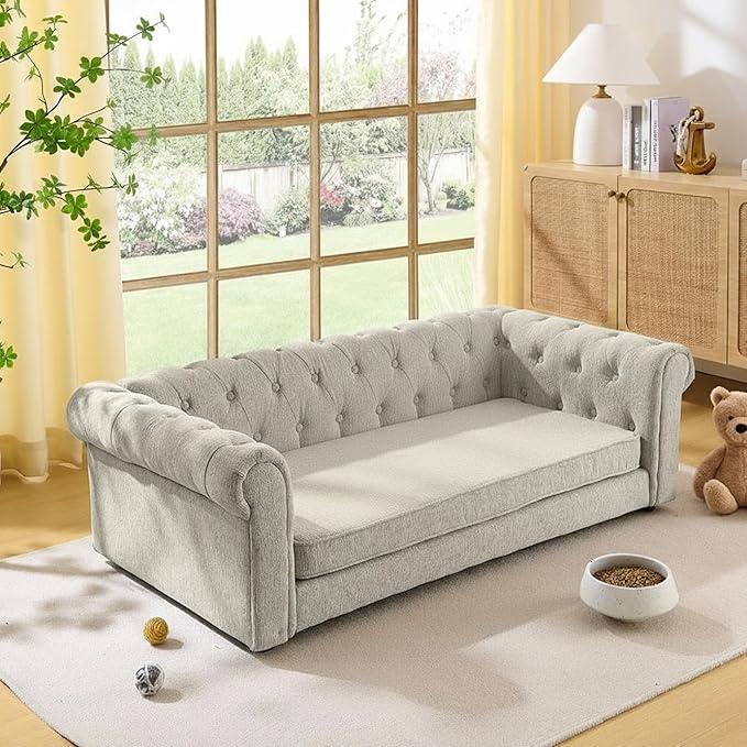 Dog Sofa Couch for Medium and Large Dogs, Memory Foam Dog Sofa Couch with Washable Fabric, Durable Elevated Pet Bed with Legs, Removable Cushion for Medium to Large Dogs, Beige