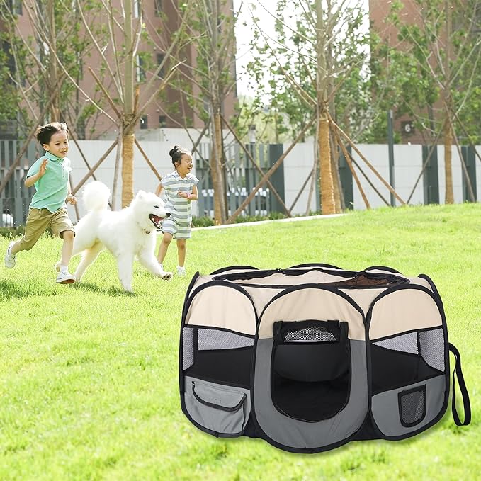 Pet Cat Playpen for Indoor Cats,Puppy Small Dog Cat Tent Crates Cage,Portable Pet Dog Playpen,29x29x16,Grey/Beige,1Pack