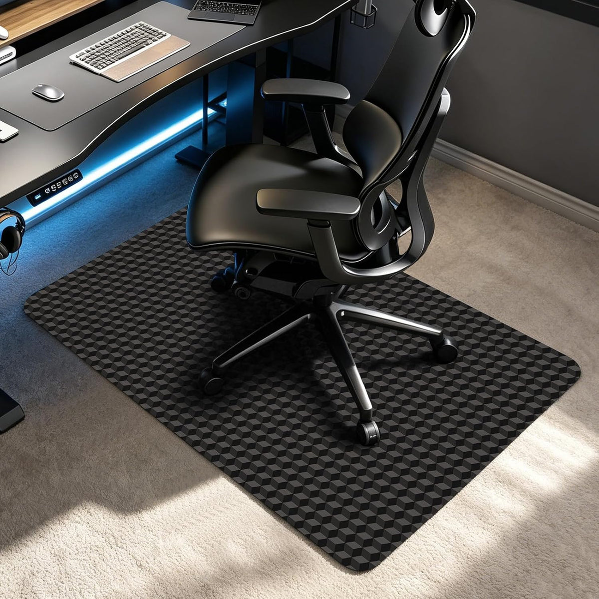 Chair Mat for Carpeted Floor, 3D Visual Black Gaming Chair Mat for Low Pile Carpets, 48"x36" Studded Bottom Carpet Protector, Non-Slip Floor Mat for Rolling Chairs, Home Office & Gaming Room