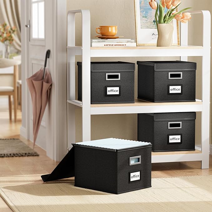 Huolewa File Organizer Boxes with Lids, Collapsible Linen Hanging Filing & Storage Boxes with Plastic Slide for Office/Decor/Home, Filling System for File/Folders/Document Storage -2 Pack