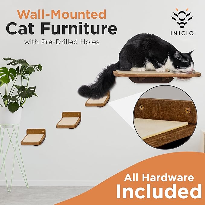 INICIO Cat Shelves – Dog Proof Feeding Station with Wall Mounted Shelves, 3 Steps for wall with Floating Shelf for Cats Up to 15lbs, Includes Attached Cat Food Bowl for Convenient Feeding – Brown
