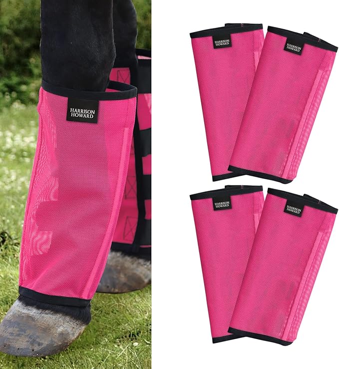 Harrison Howard Loose Fitting Fly Boots UV-Protective Extra Tough Mesh Ventilated Four Fasteners Stay-on Design Protect Horse Legs & Stomp-Reducing Set of 4 Magenta Yearling