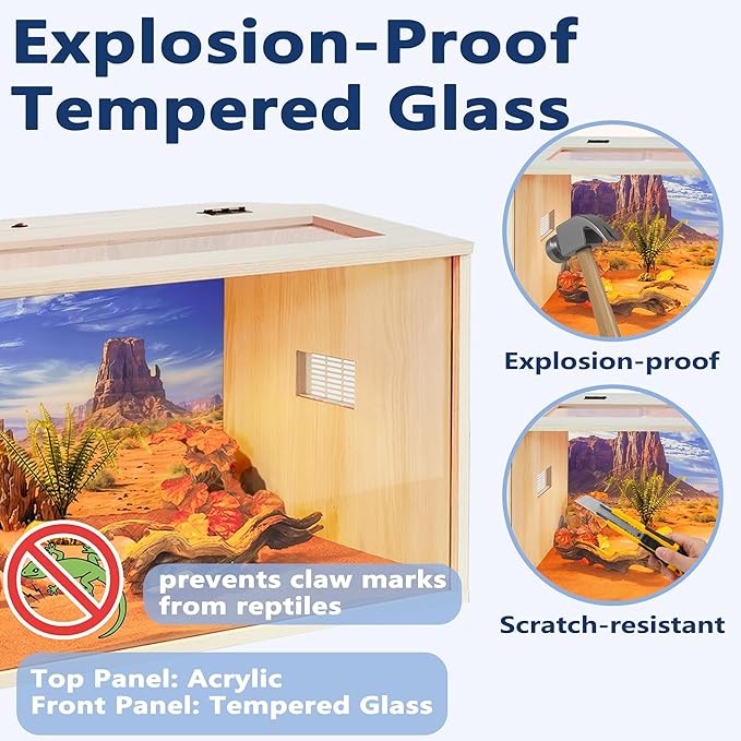 PROLEE Tempered Glass Bearded Dragon Tank,Wooden Reptile Tank and Lizard Tank, Large Bearded Dragon Enclosure with Built-in Lamp Fixture, Snake Tank (Wooden-Topped roof, 32inch,32 Gallons)