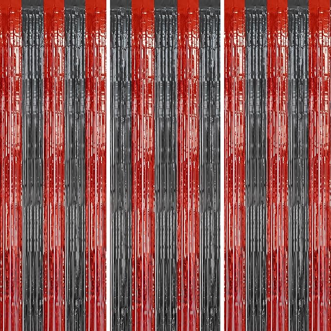 3 Pack Foil Fringe Backdrop - Red&Black Shiny Tinsel Curtains for Party Decoration/Photo Booth Props - 3.3x8.2 FT Metallic Foil Backdrop for Birthday, Wedding, Graduation, Christmas.