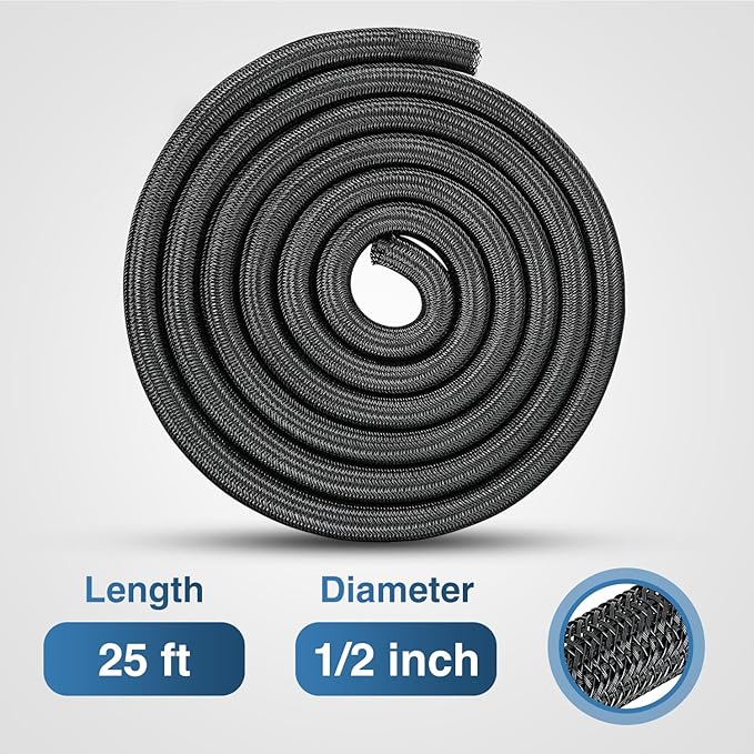 Nilight Cable Sleeve, 25ft-1/2inch Cord Management Sleeves, Braided Sleeving, Split Self Wrapping Wire Loom for Computer Electrical Automotive Harness Protector Organizer, Black