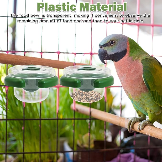 PINVNBY 4 PCS Birds Cage Feeders with Clamp, Transparency Feeding Dish Cups Easy to Install Bird Bowls Small-Sized Detachable Parakeet Feeder for Finches Lovebirds（Green）