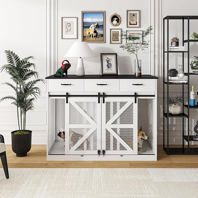 2-in-1 Farmhouse Dog Crate Furniture - Wooden Large Dog Kennel with Drawers Storage - Double Doors - Indoor TV Stand - Inner Height: 24 Inches - Ideal for One Big Dog or Two Small Dogs