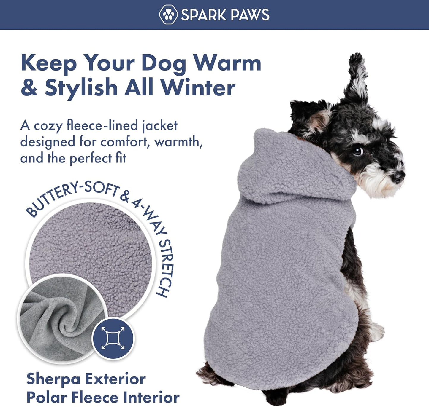 Spark Paws Teddy Dog Sweater, Sherpa Jacket Vest with Warm Fleece Lining, Winter Coat Suitable for Small Medium Large XL XXL Breeds - Grey - M