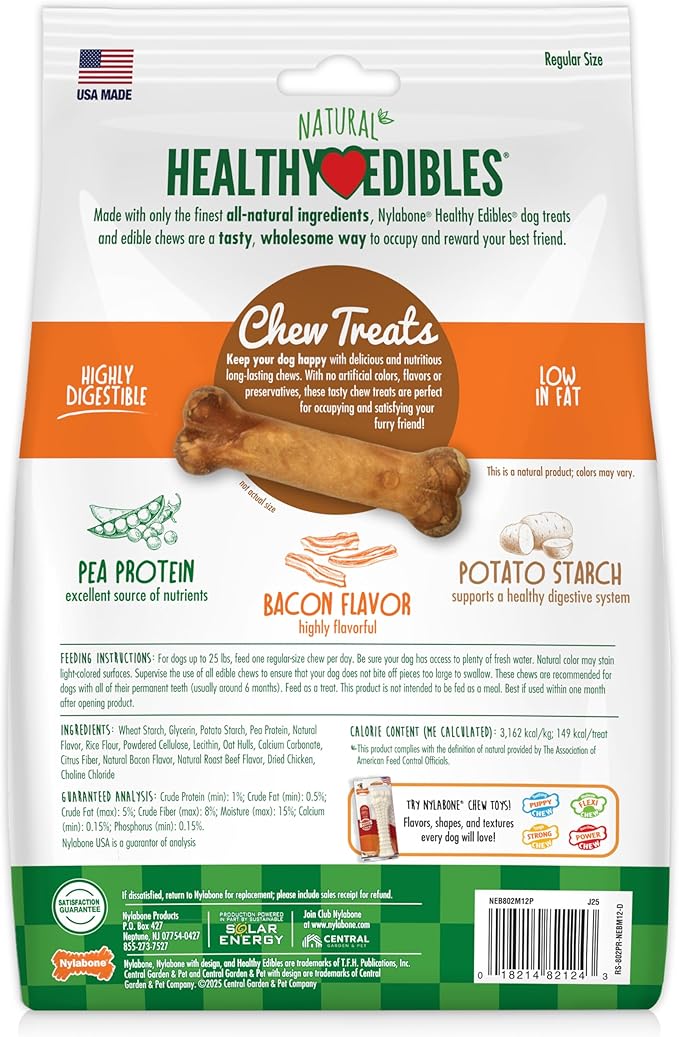 Nylabone Healthy Edibles Natural Dog Chews Long Lasting Bacon Flavor Treats for Dogs, Small/Regular (12 Count)