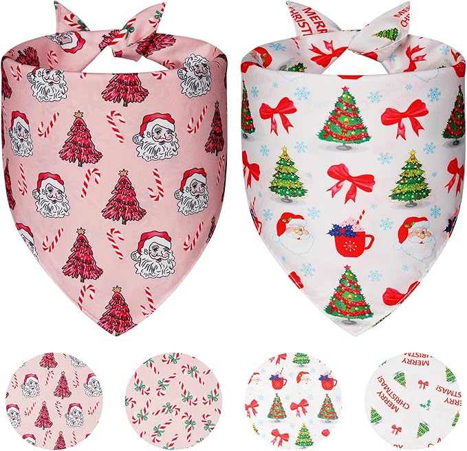 Cute Christmas Dog Bandanas Large 2PCS, 4 Pattern Holiday Scarf for Boy and Girl, Triangle Reversible Bibs Breed for Puppy Pets