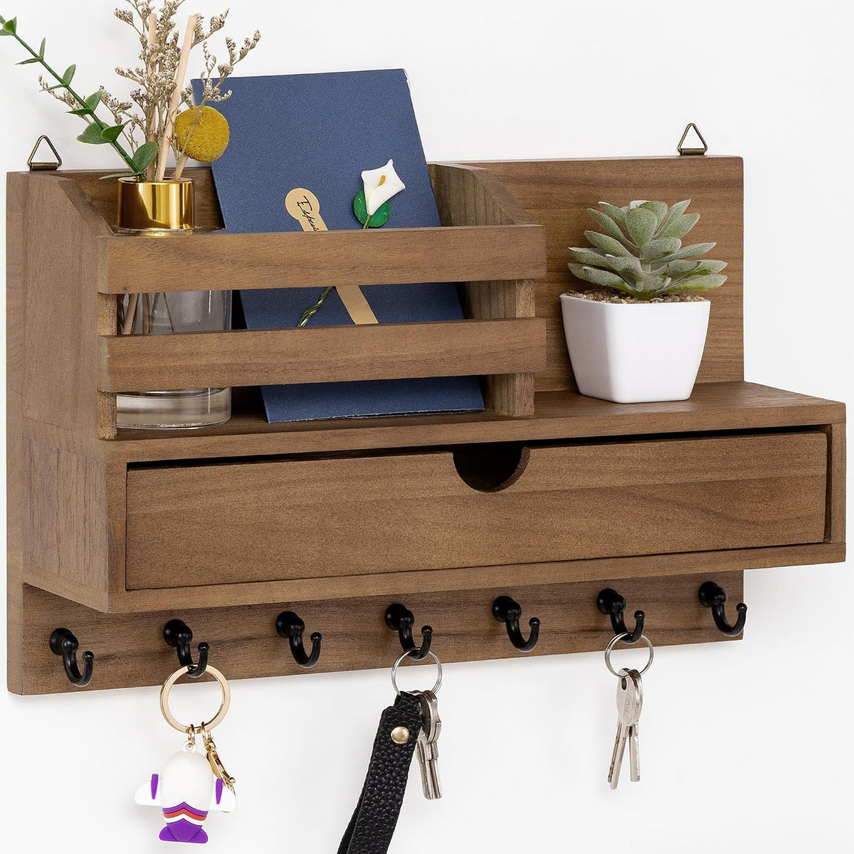 Key Holder Wall Mount, Mail Organizer with 7 Hooks and Storage Drawer