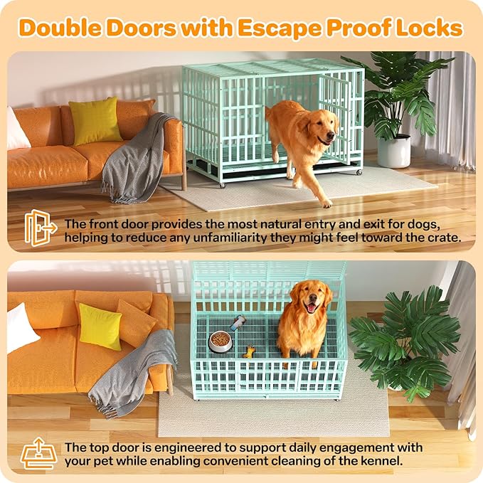 48 Inch Heavy Duty Dog Crate, Indestructible Escape-Proof Dog Kennel for High Anxiety Large Dogs, Strong Metal Pet Cage with Double Doors, Lockable Wheels & Removable Tray, XL XXL XXXL