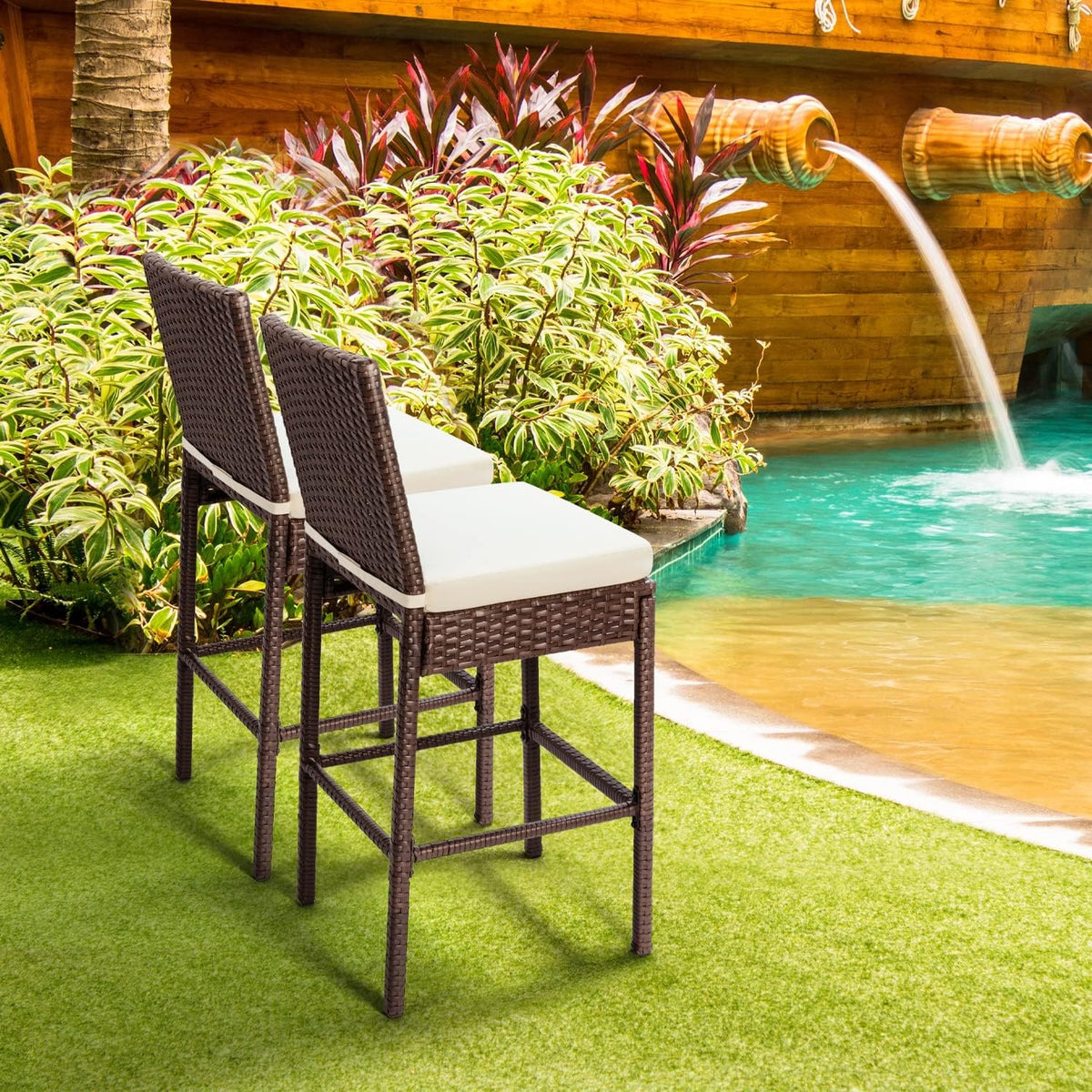 Outdoor Bar Stools Wicker Woven Patio Stools & Patio Bar Chairs Set of 4 Counter Bar Height Stools with Footrest Armless Cushion Beige All Weather Rattan Garden Stool for Pool Lawn Porch Backyard